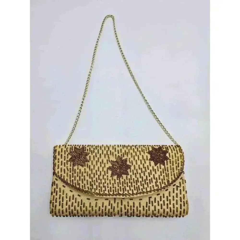 Vtg Charisma Hong Kong Beaded Yellow and Gold Purse with Chain Strap